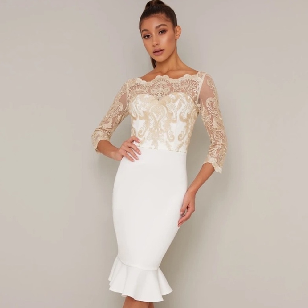 🤍NWT🤍 White & Gold Chi Chi London Embroidered Bodycon Peplum Dress in Cream